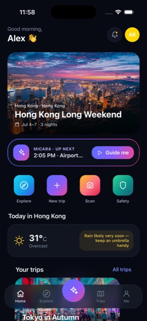 MicaraTravel home screen